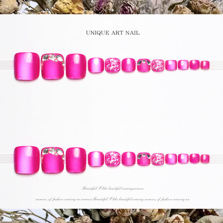 24pcs/Set Dragon Fruit Sparkle Cat Eye Press On Toe Nail