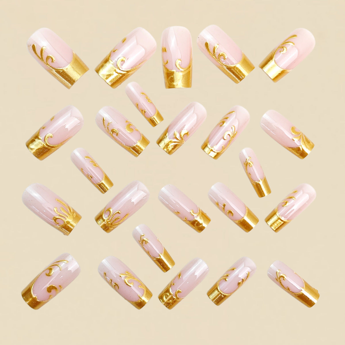 24pcs/Set 3D Nude Gold Foil Floral French Press-On Nails