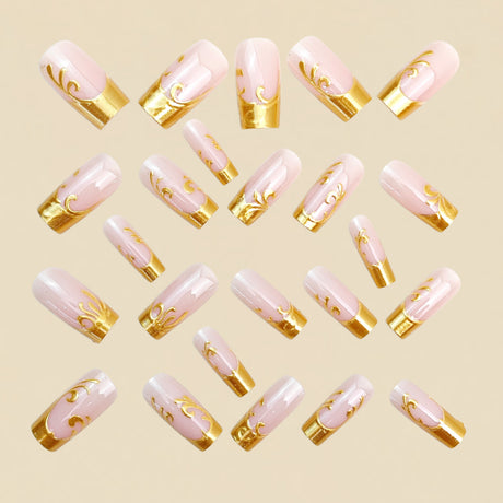 24pcs/Set 3D Nude Gold Foil Floral French Press-On Nails