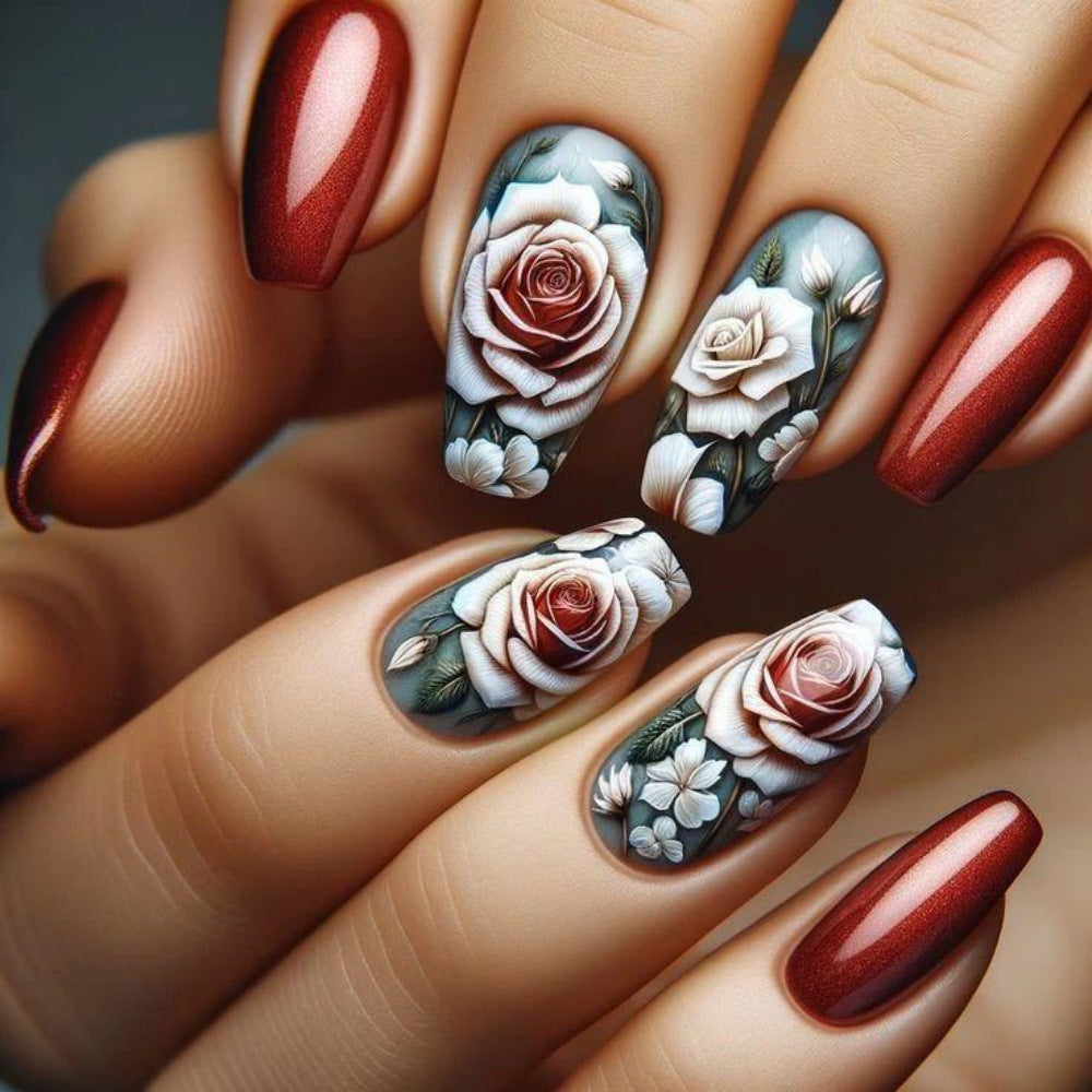 24pcs/Set Red Rose Press-On Nails