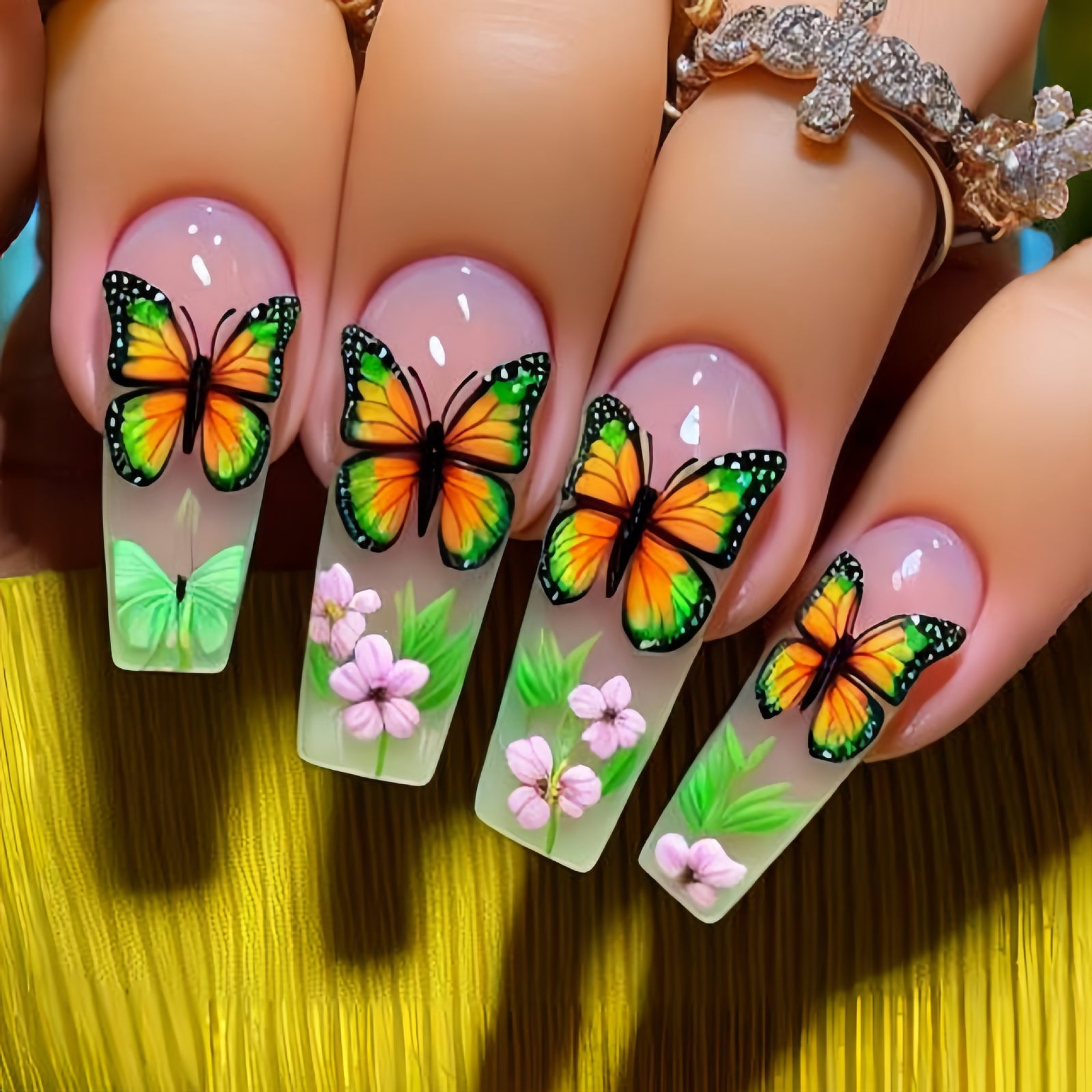 24pcs/Set Multicolor Tie-Dye Flowers & Butterflies Press-On Nails