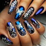 24pcs/Set Silver Butterfly Flowers Press-On Nails