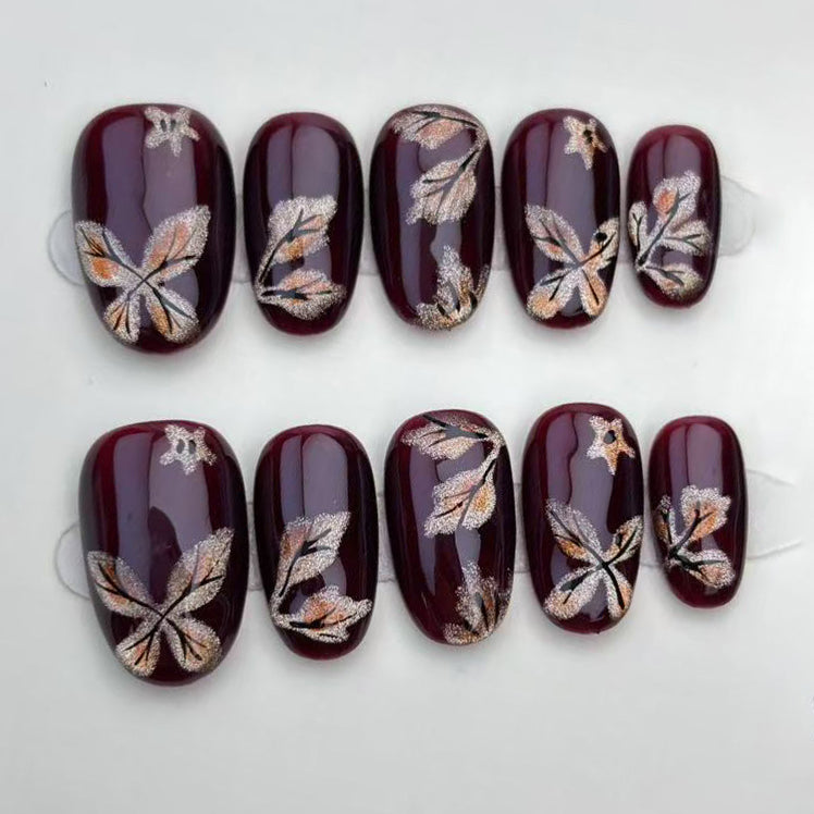 (Handmade) 10pcs/Set Deep Red Cat Eye Maple Leaf Press-On Nails