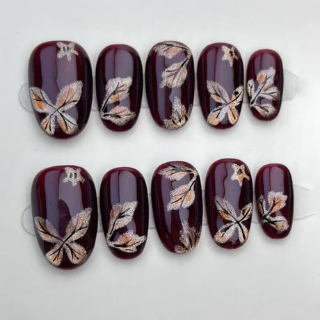 (Handmade) 10pcs/Set Deep Red Cat Eye Maple Leaf Press-On Nails