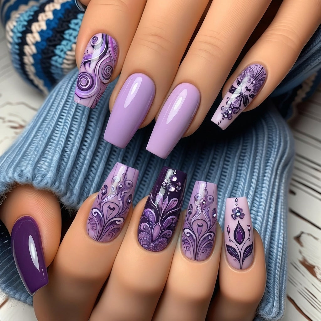 24pcs/Set Light Lavender Swirl Floral Press-On Nails