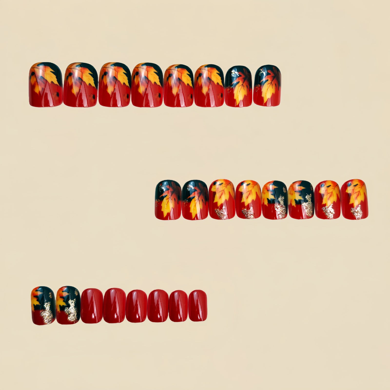 24pcs/Set Square Oil-Paint Style Maple Leaf Short Press-On Nails