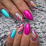 24pcs/Set Blue-Pink-Gold Glitter Waves Press-On Nails
