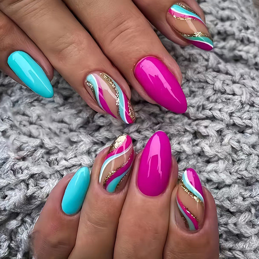 24pcs/Set Blue-Pink-Gold Glitter Waves Press-On Nails