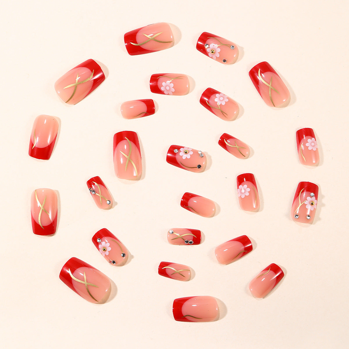 24pcs/Set Red French Tips with Gold Line Flowers Press-On Nails