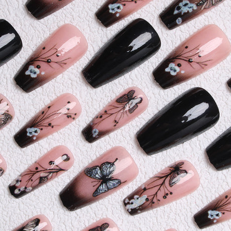 24pcs/Set Black Flowers and Butterflies Press-On Nails
