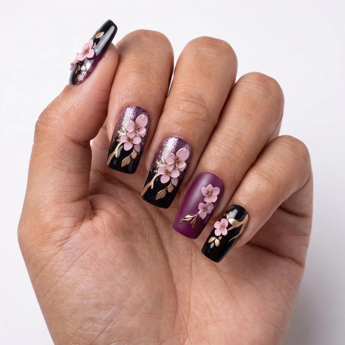 24pcs/Set Square Sakura Metallic Branches Short Press On Nails