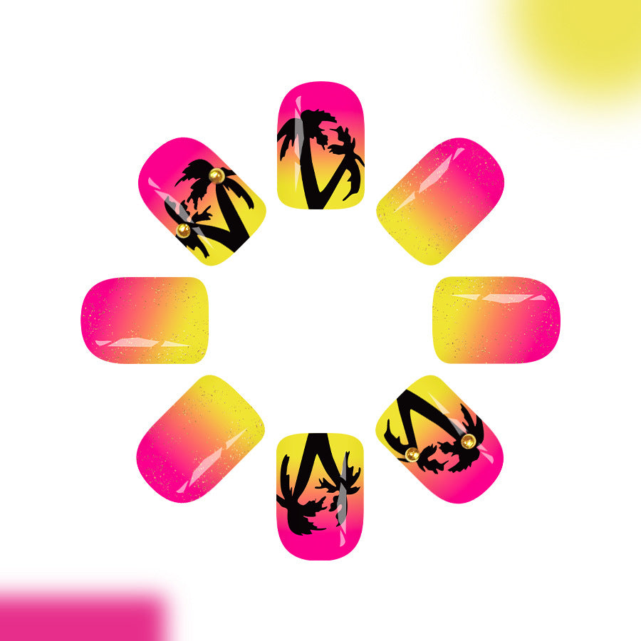 24pcs/Set Colorful Beach Gradient with Palm Trees Press-On Nails