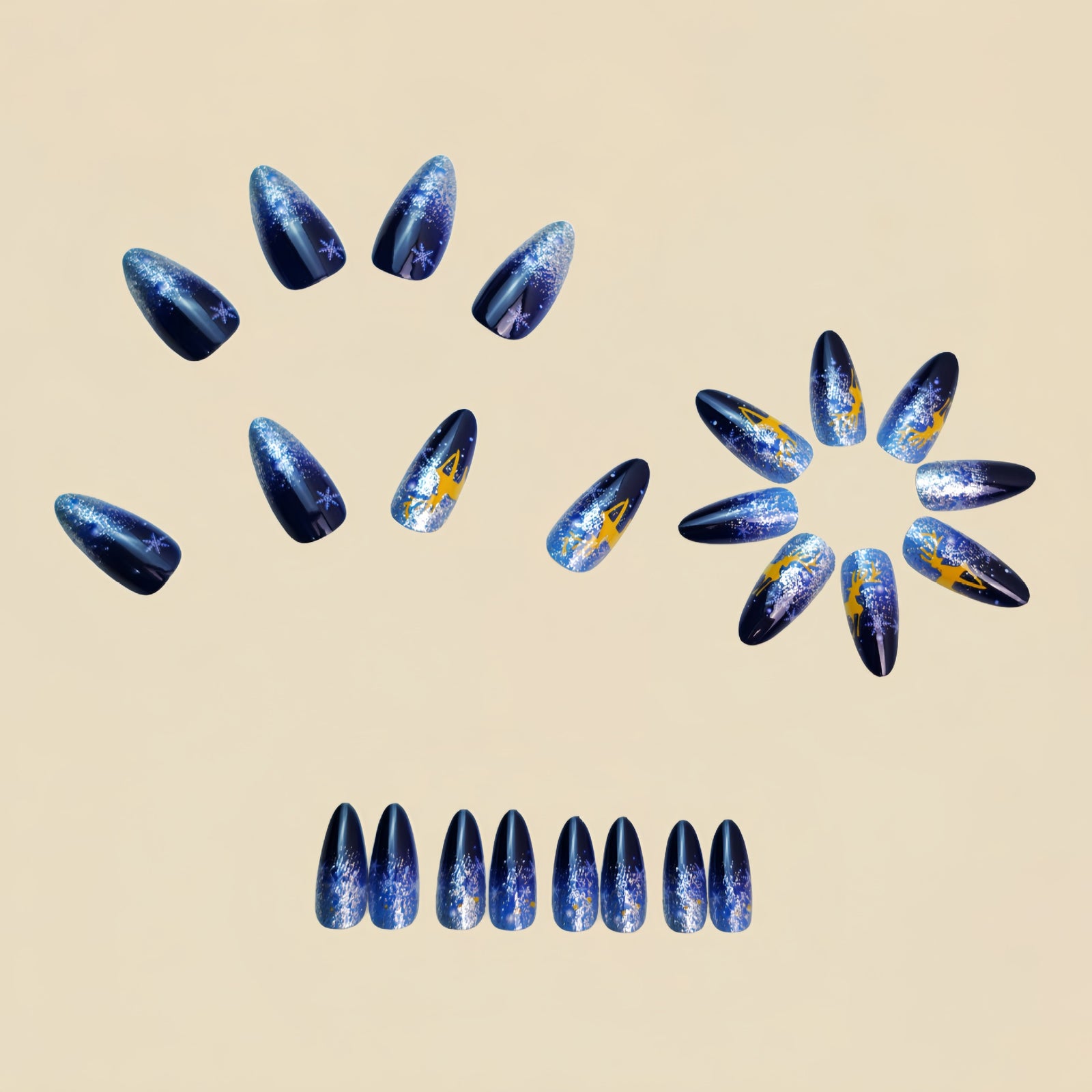 24pcs/Set Blue Snowflake Reindeer Glitter Gradient Press-On Nails