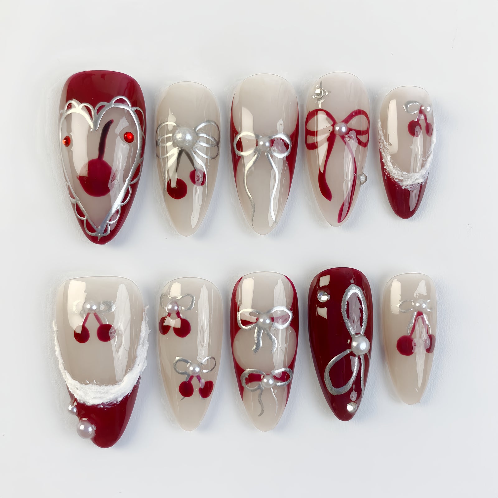 (Handmade) 10pcs/Set Christmas Snowflake 3D Tree Press-On Nails