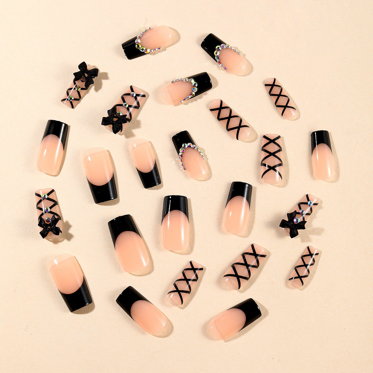 24pcs/Set Black Crisscross Strap French Tip with Bow Press-On Nails