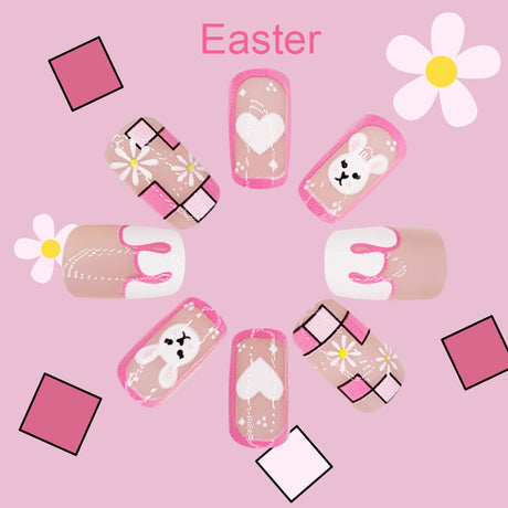 24pcs/Set Pink Plaid Bunny Press-On Nails