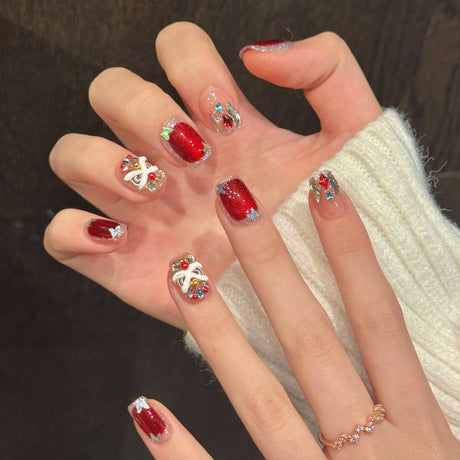 (Handmade) 10pcs/Set Red Awakening Lion Crushed Rhinestone Press-On Nails