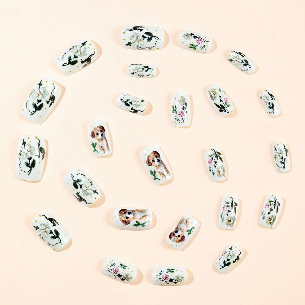 24pcs/Set Pastoral Floral Cute Dog Press-On Nails