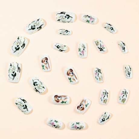 24pcs/Set Pastoral Floral Cute Dog Press-On Nails