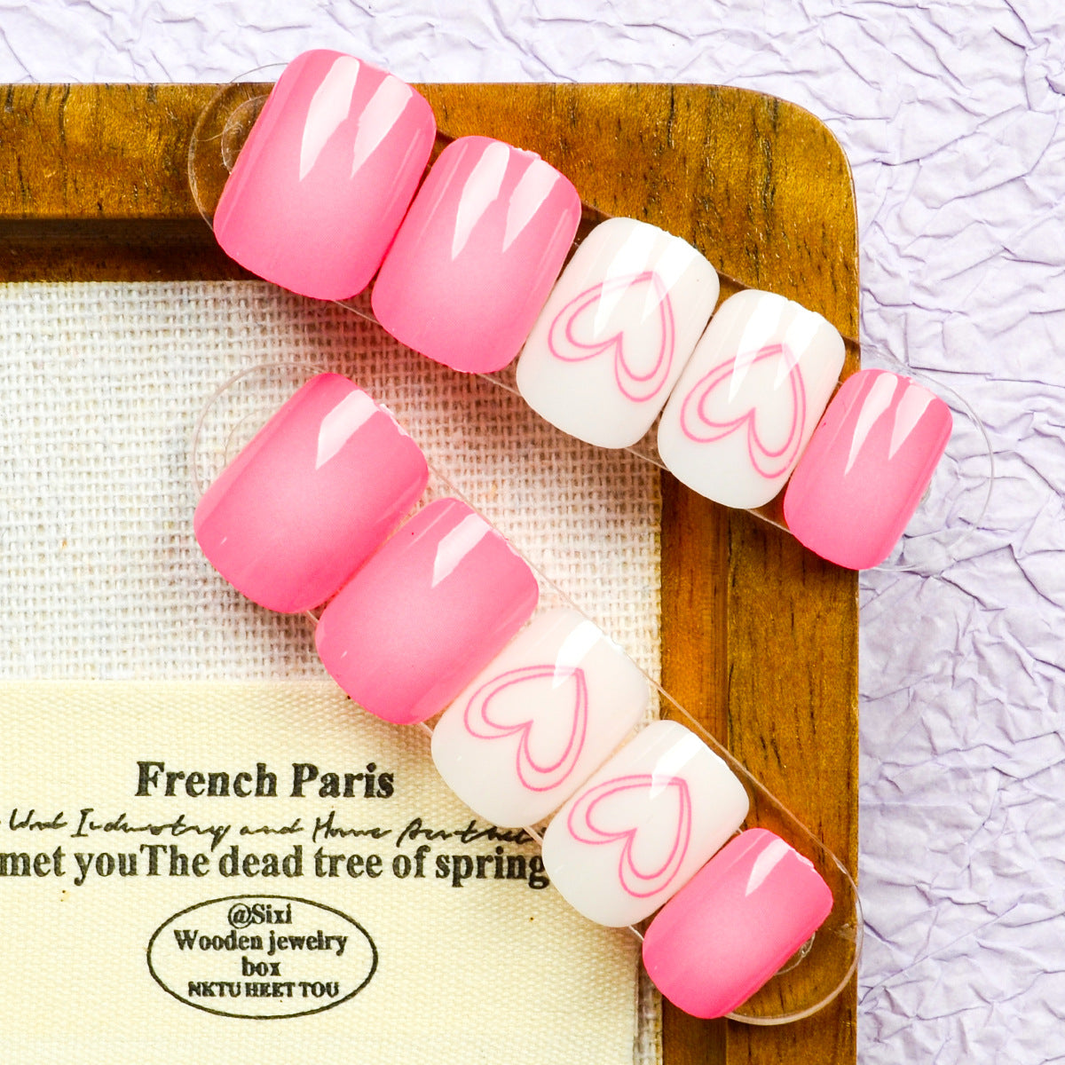 24pcs/Set Pink Line Heart Short Press On Nails
