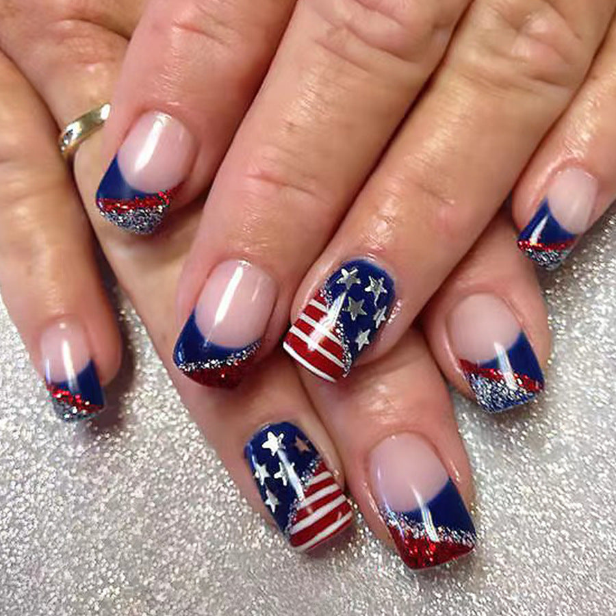 24pcs/Set Red & Blue Glitter Stripe French Press-On Nails