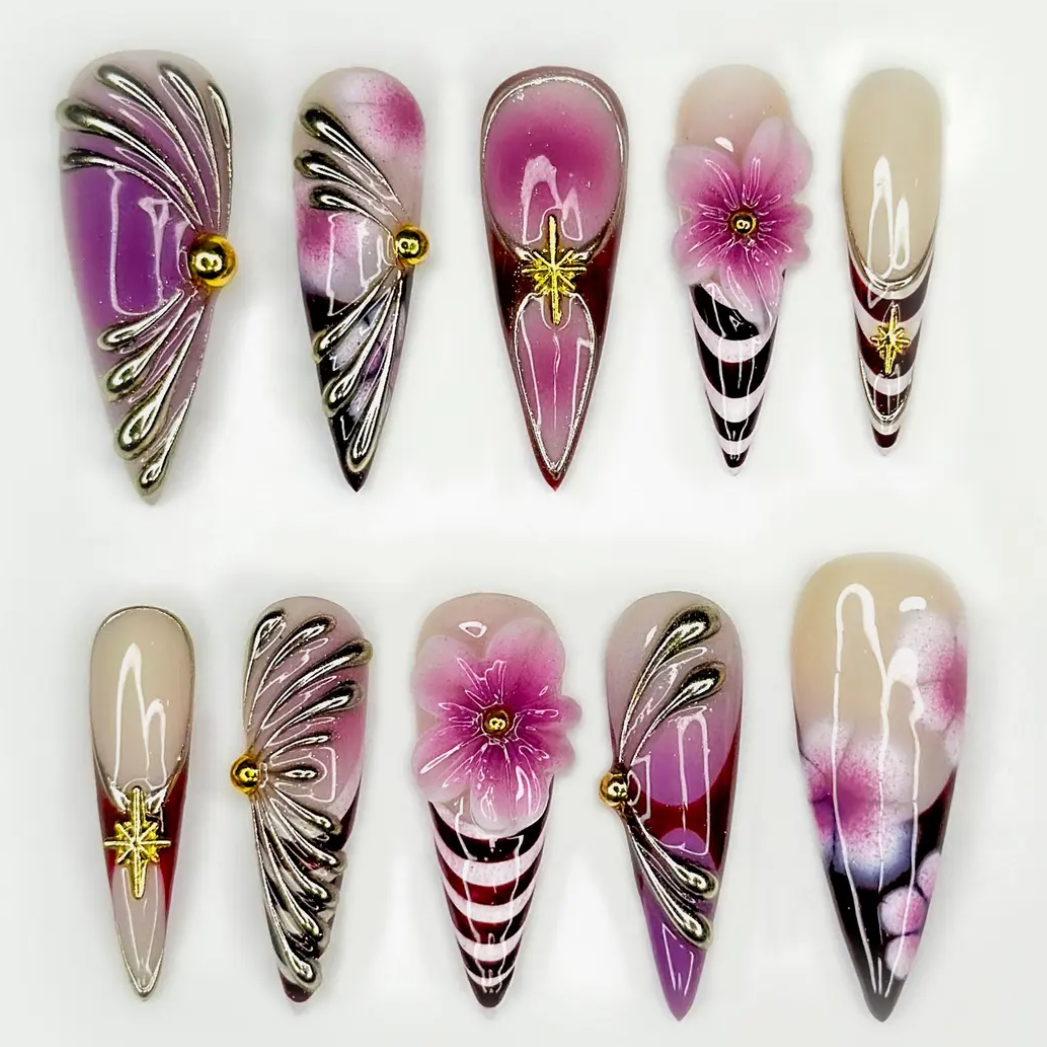 (Handmade) 10pcs/Set Elegant Violet Floral Press On Nails