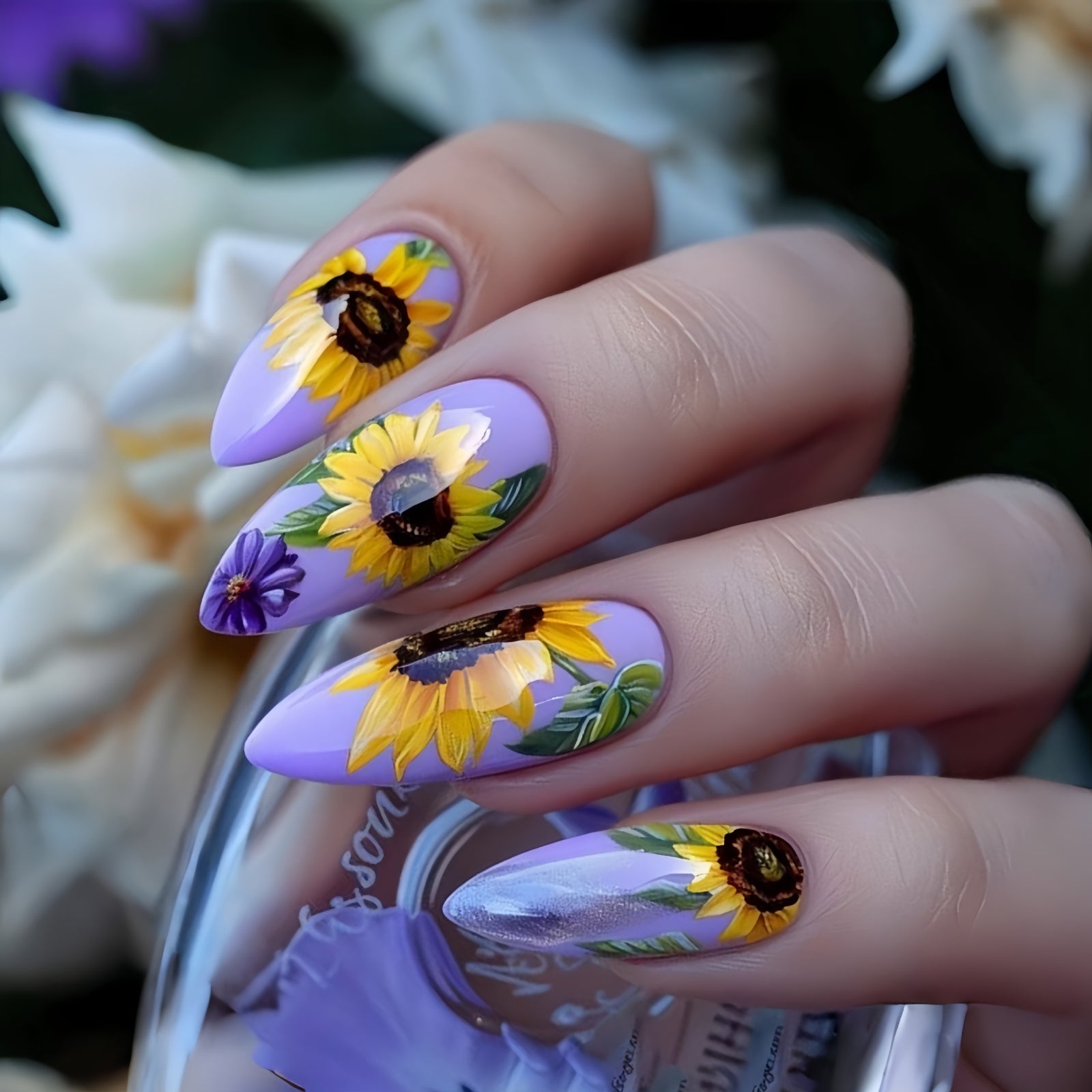 24pcs/Set Purple Sunflower Press-On Nails