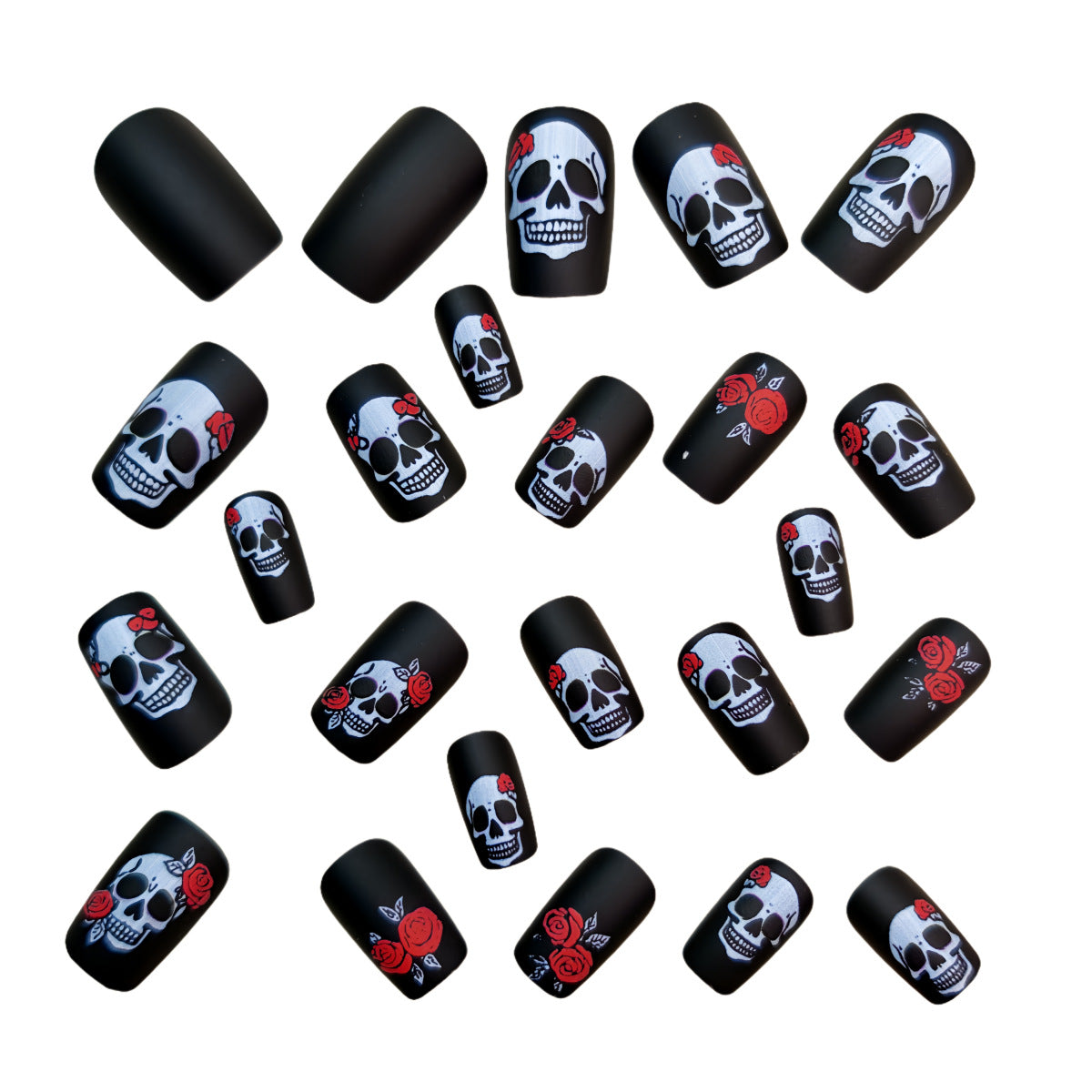 24pcs/Set Halloween Black Skull Rose Press-On Nails
