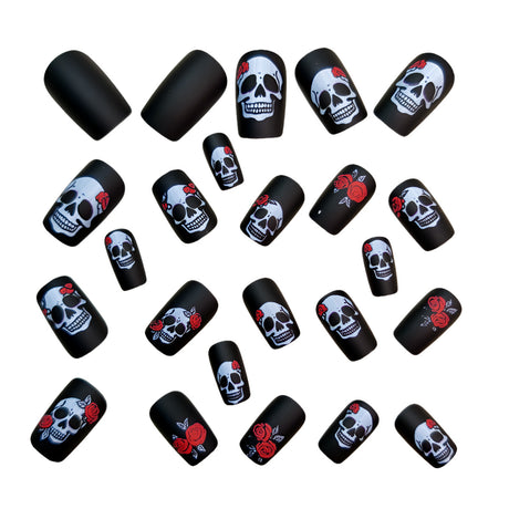 24pcs/Set Halloween Black Skull Rose Press-On Nails