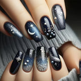 24pcs/Set Black Starry Sky with Moon & Stars Press-On Nails