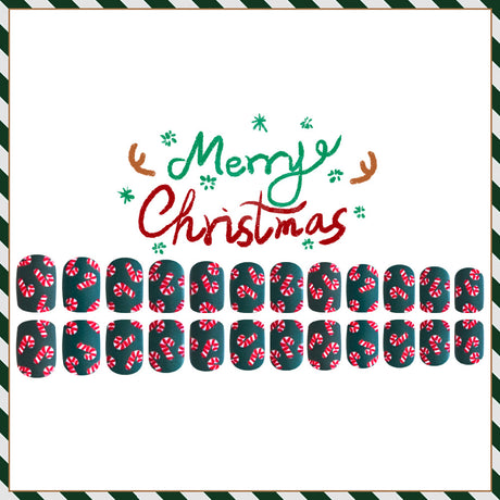 24pcs/Set Christmas Candy Cane Green Short Press-On Nails