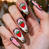 24pcs/Set 3D Strawberry with Rhinestones Press-On Nails