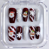 (Handmade) 10pcs/Set Red & White Stripe 3D Snowman Snowflake Christmas Press-On Nails
