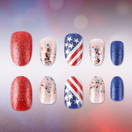 24pcs/Set Red & White Striped Star Glitter Press-On Nails