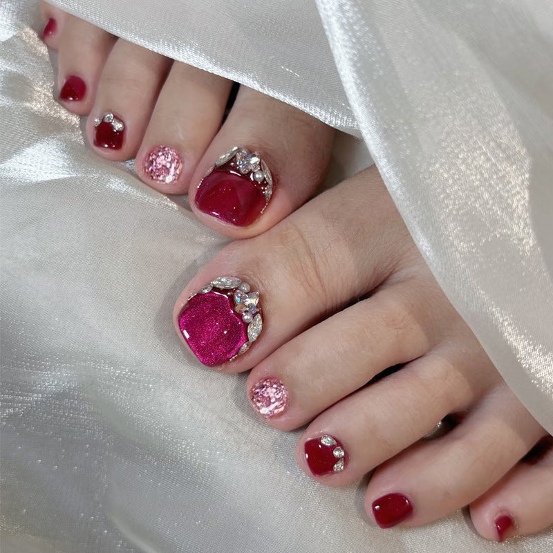 24pcs/Set Dragon Fruit Sparkle Cat Eye Press On Toe Nail