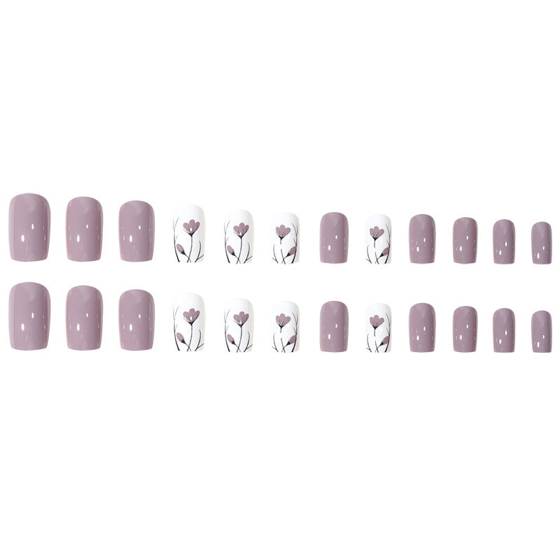 24pcs/Set Lilac Purple with Small Flowers Press-On Nails