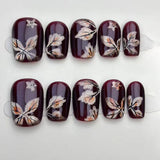 (Handmade) 10pcs/Set Deep Red Cat Eye Maple Leaf Press-On Nails