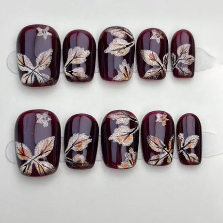(Handmade) 10pcs/Set Deep Red Cat Eye Maple Leaf Press-On Nails