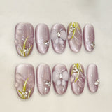 (Handmade) 10pcs/Set Purple Tulip 3D Butterfly Cat-Eye Press-On Nails