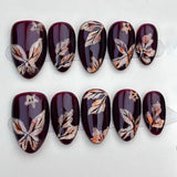 (Handmade) 10pcs/Set Deep Red Cat Eye Maple Leaf Press-On Nails