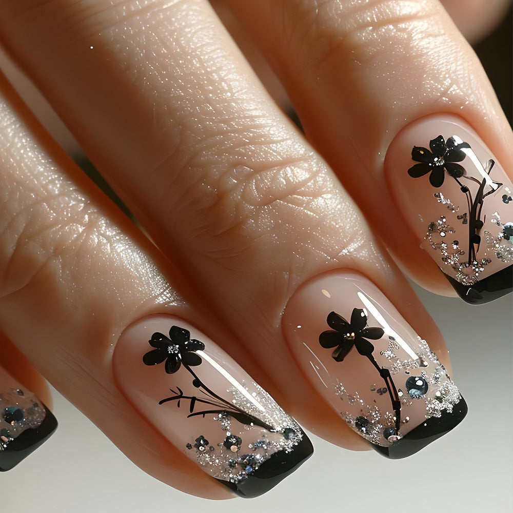 24pcs/Set Black Flowers Press-On Nails