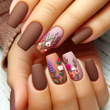 24pcs/Set Matte Brown Multicolored Flowers Press-On Nails