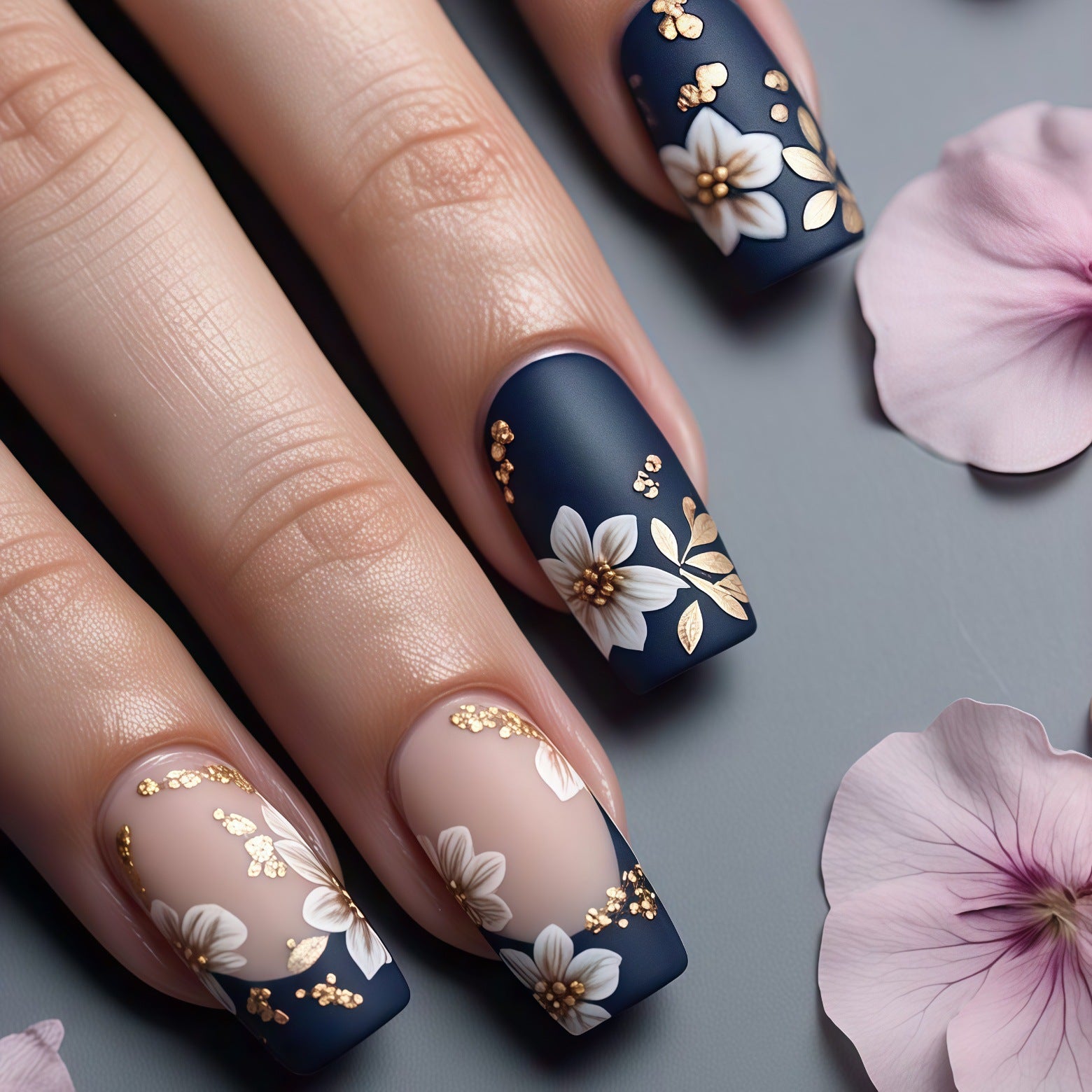 24pcs/Set Navy Blue with White Flowers & Gold Stamens Press-On Nails