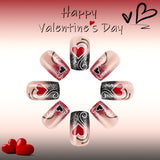 24pcs/Set Black and Red Glitter Striped Heart Press-On Nails