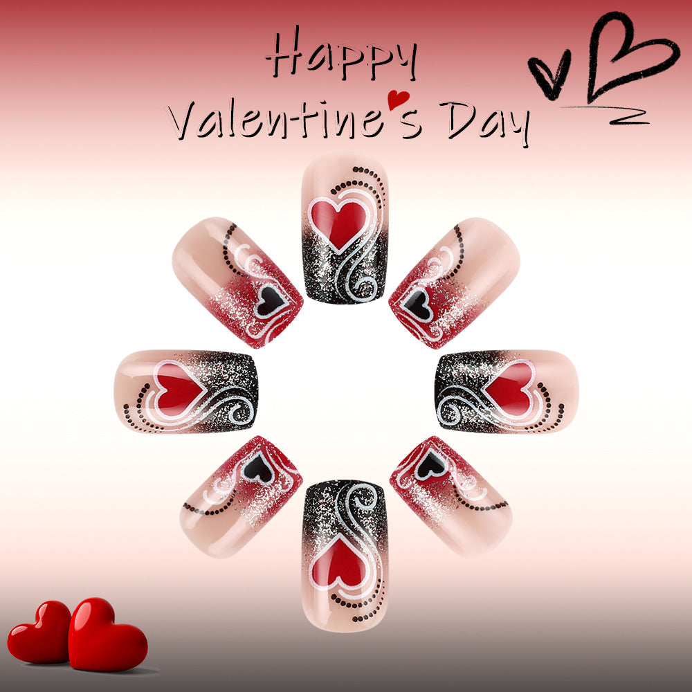 24pcs/Set Black and Red Glitter Striped Heart Press-On Nails