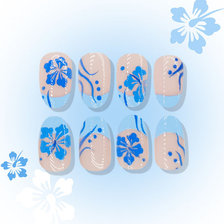24pcs/Set Aqua Blue Floral Press-On Nails