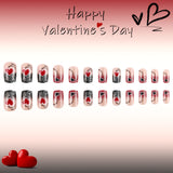 24pcs/Set Black and Red Glitter Striped Heart Press-On Nails