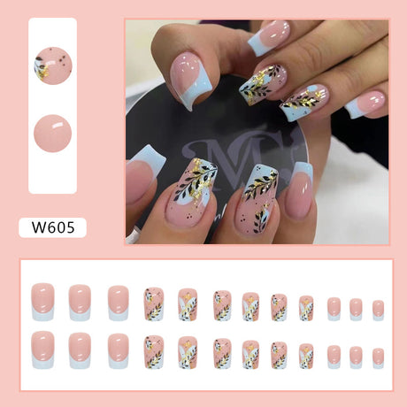 24pcs/Set Gold Glitter Leaf French Tip Press-On Nails