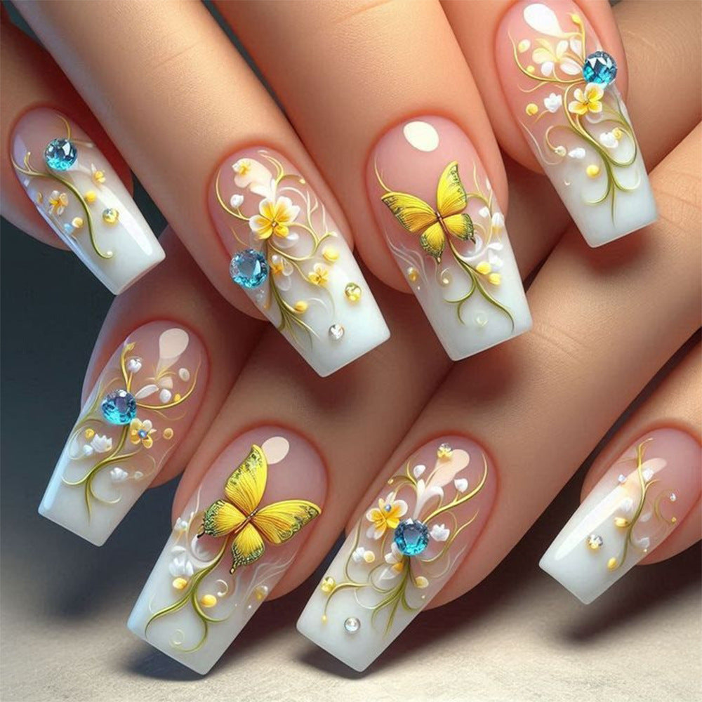 24pcs/Set Pink and White Gradient Flowers and Butterflies Press-On Nails