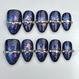 (Handmade) 10pcs/Set Deep Blue Iridescent Gold Foil Press-On Nails